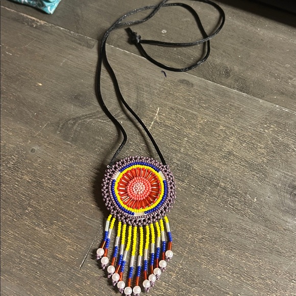 Colorful Native American Beaded Medicine Pouch Pendant Necklace - Picture 2 of 3